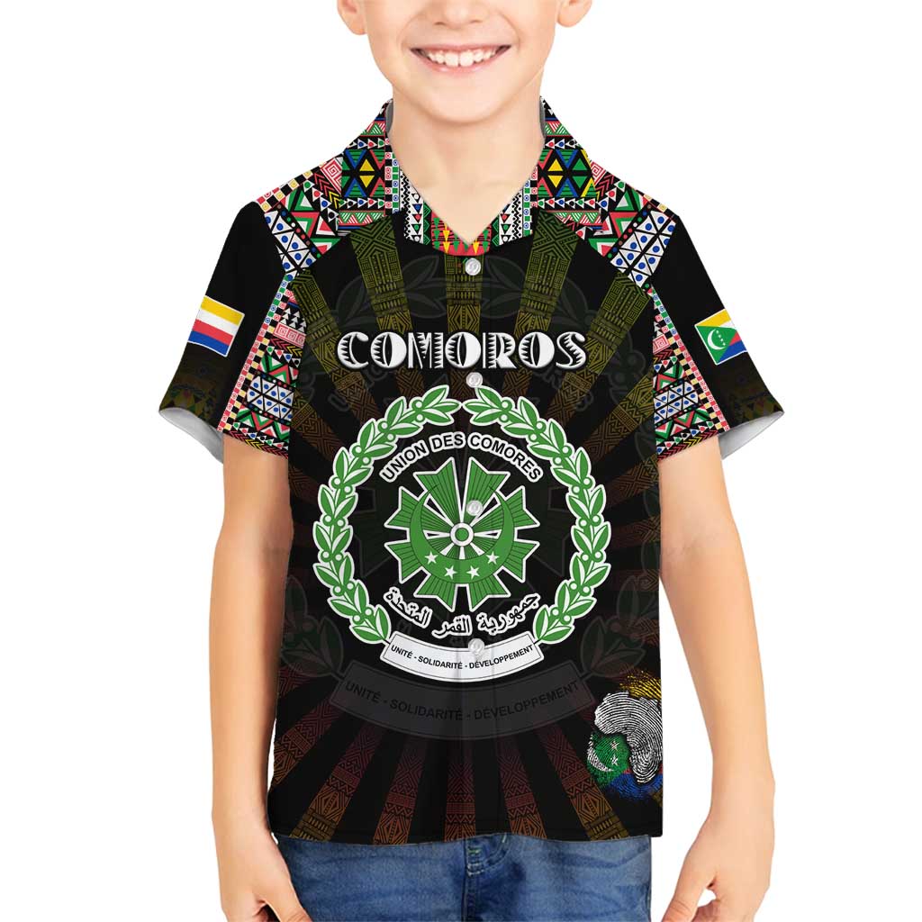 Personalized Comoros Roots Family Matching Puletasi and Hawaiian Shirt African Map in Fingerprint and Tribal Colors
