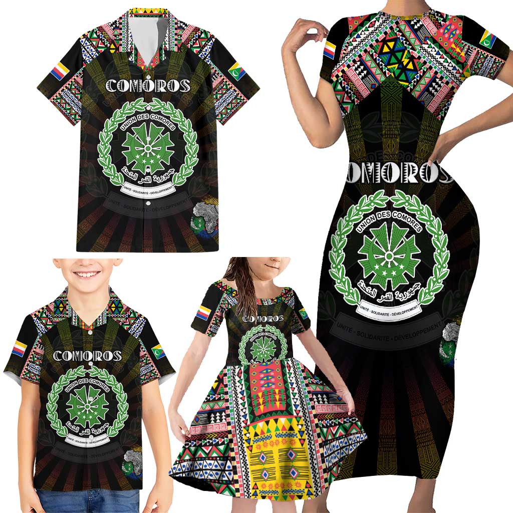 Personalized Comoros Roots Family Matching Short Sleeve Bodycon Dress and Hawaiian Shirt African Map in Fingerprint and Tribal Colors