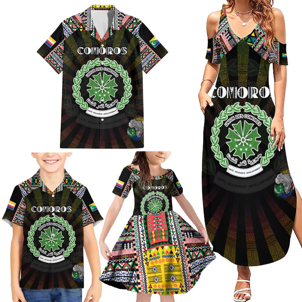 Personalized Comoros Roots Family Matching Summer Maxi Dress and Hawaiian Shirt African Map in Fingerprint and Tribal Colors