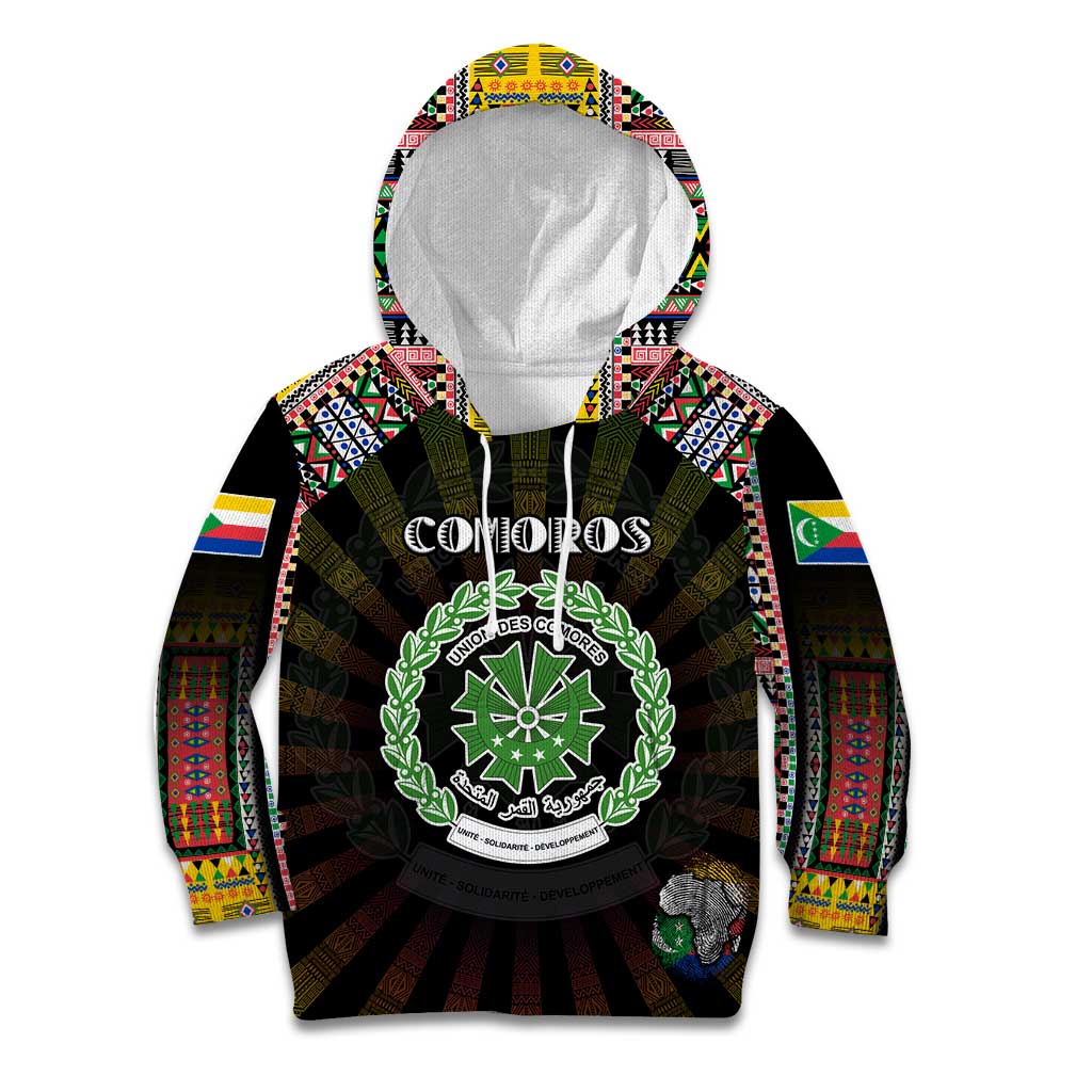 Personalized Comoros Roots Kid Hoodie African Map in Fingerprint and Tribal Colors