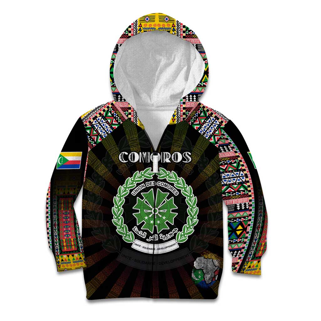 Personalized Comoros Roots Kid Hoodie African Map in Fingerprint and Tribal Colors
