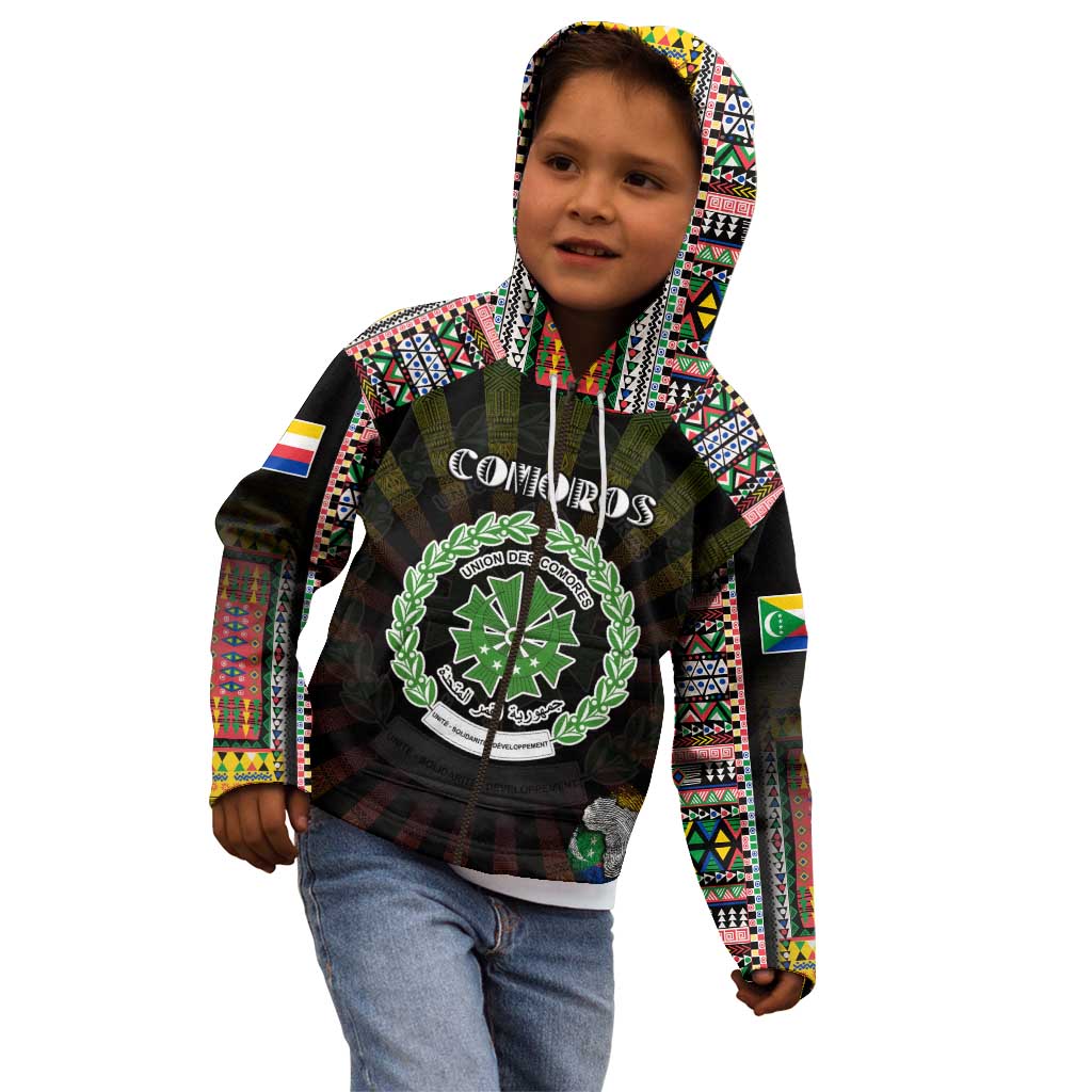 Personalized Comoros Roots Kid Hoodie African Map in Fingerprint and Tribal Colors