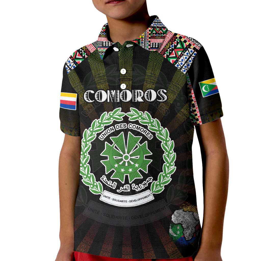 Personalized Comoros Roots Kid Polo Shirt African Map in Fingerprint and Tribal Colors