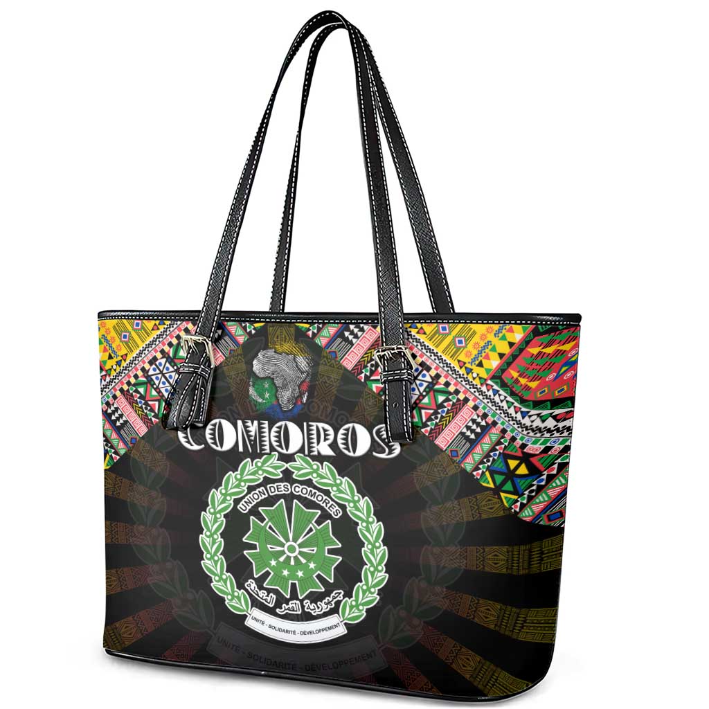 Comoros Roots Leather Tote Bag African Map in Fingerprint and Tribal Colors