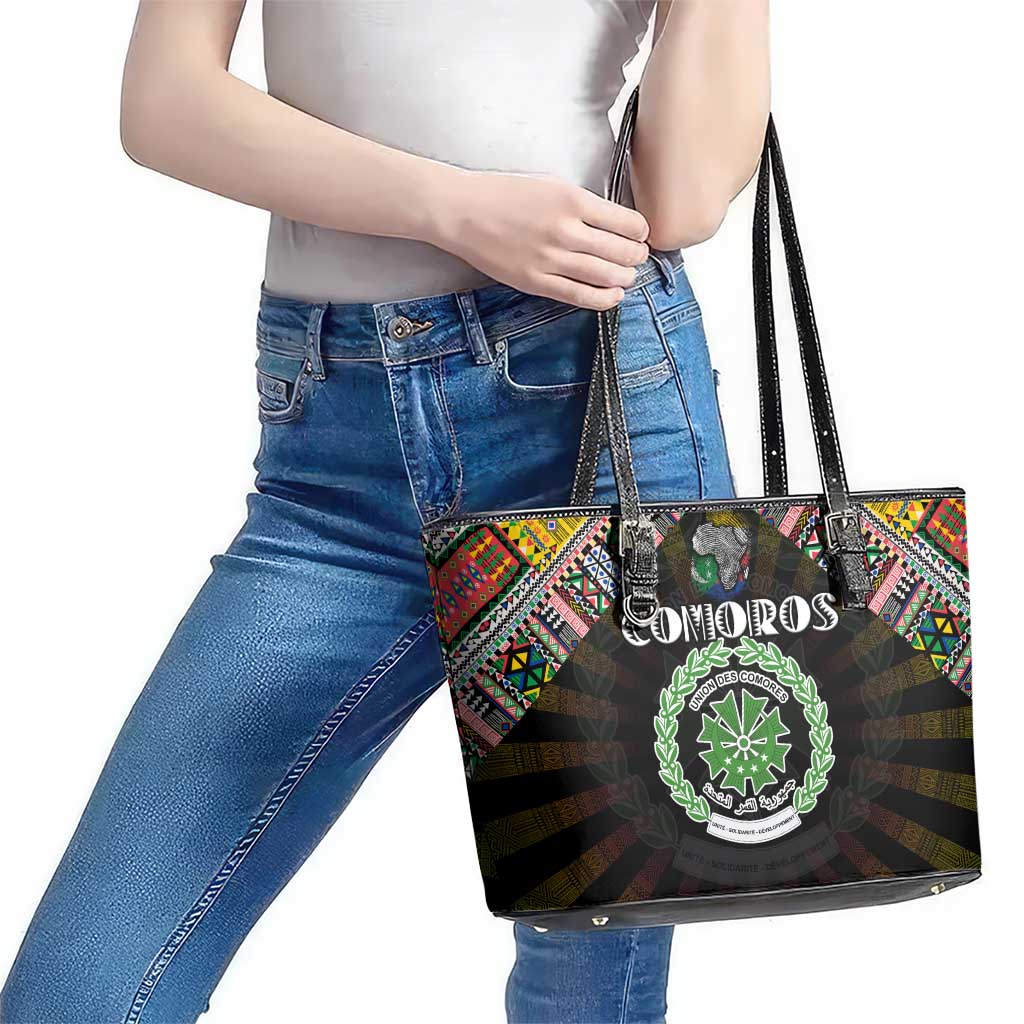 Comoros Roots Leather Tote Bag African Map in Fingerprint and Tribal Colors