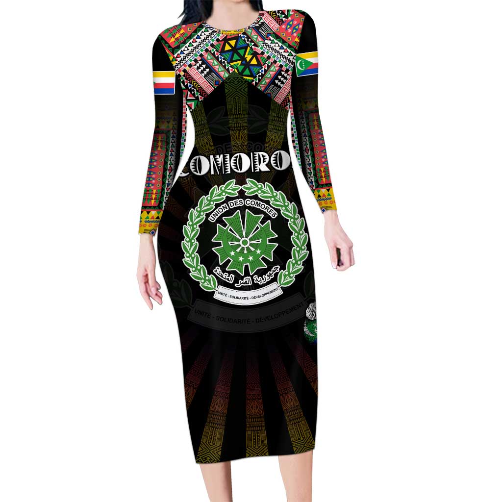 Personalized Comoros Roots Long Sleeve Bodycon Dress African Map in Fingerprint and Tribal Colors