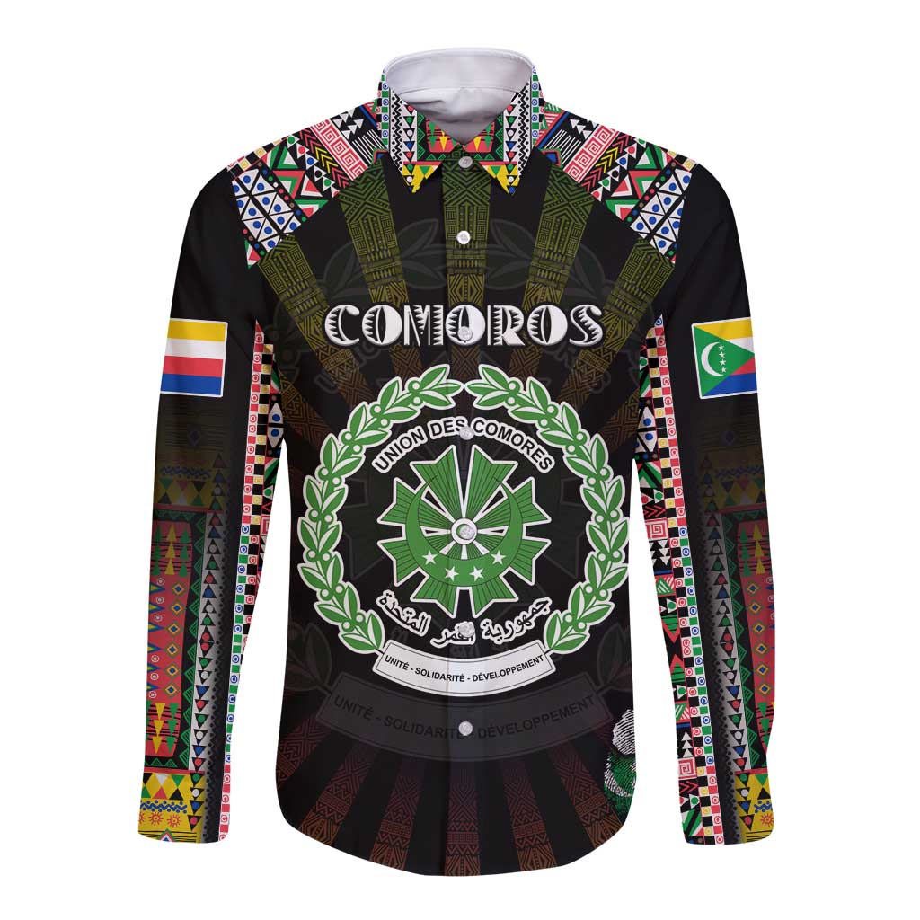 Personalized Comoros Roots Long Sleeve Button Shirt African Map in Fingerprint and Tribal Colors