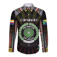 Personalized Comoros Roots Long Sleeve Button Shirt African Map in Fingerprint and Tribal Colors