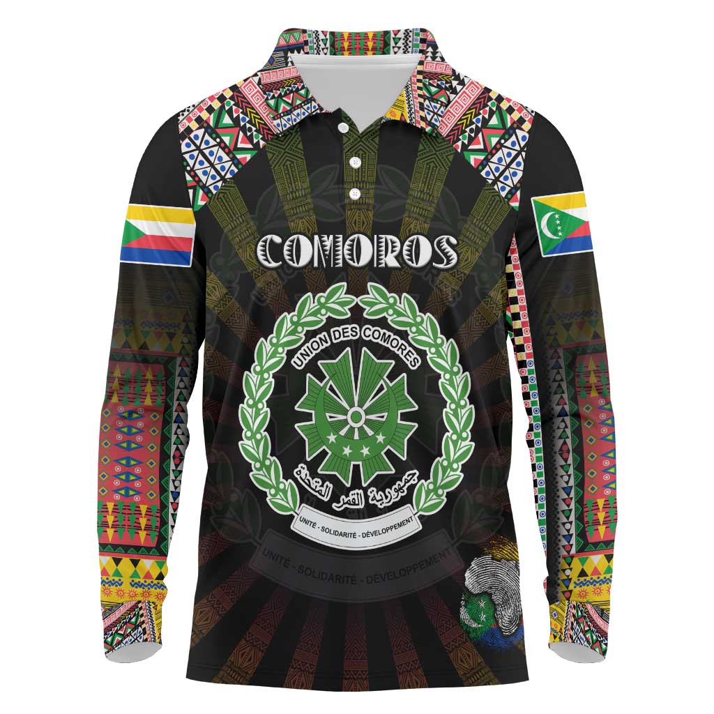 Personalized Comoros Roots Long Sleeve Polo Shirt African Map in Fingerprint and Tribal Colors