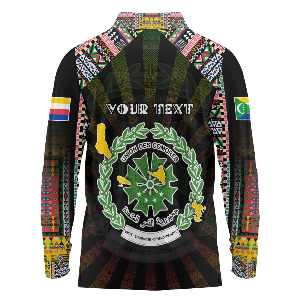 Personalized Comoros Roots Long Sleeve Polo Shirt African Map in Fingerprint and Tribal Colors