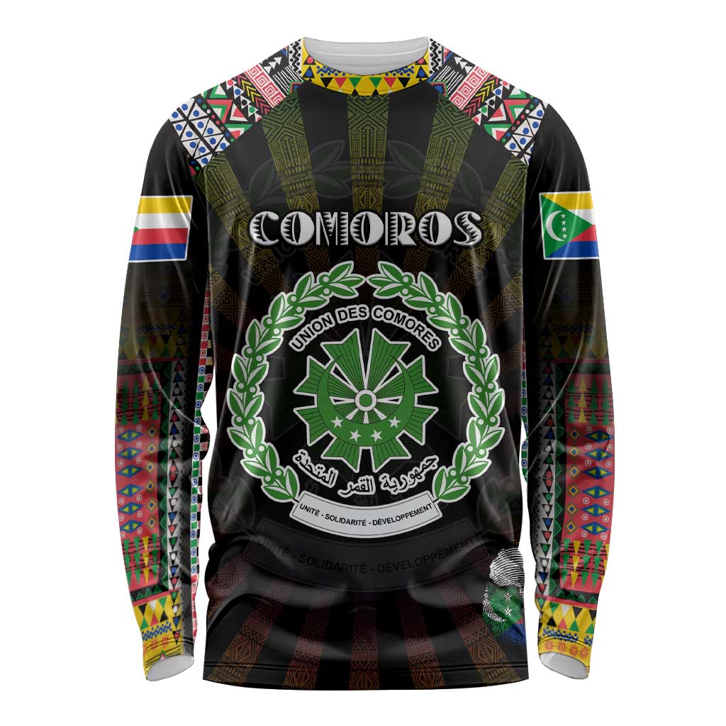 Personalized Comoros Roots Long Sleeve Shirt African Map in Fingerprint and Tribal Colors