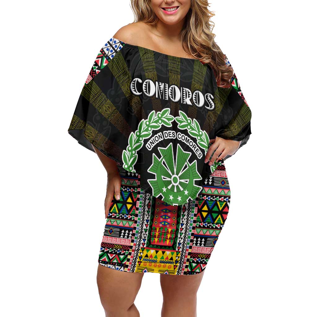 Personalized Comoros Roots Off Shoulder Short Dress African Map in Fingerprint and Tribal Colors