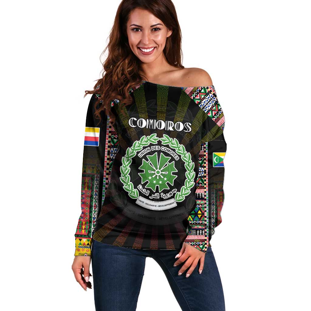 Personalized Comoros Roots Off Shoulder Sweater African Map in Fingerprint and Tribal Colors