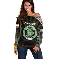 Personalized Comoros Roots Off Shoulder Sweater African Map in Fingerprint and Tribal Colors