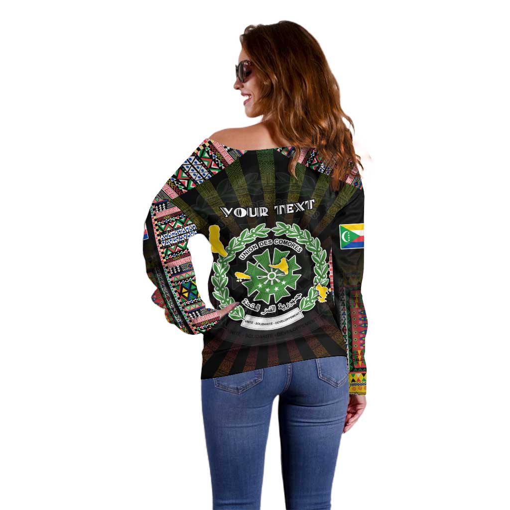 Personalized Comoros Roots Off Shoulder Sweater African Map in Fingerprint and Tribal Colors