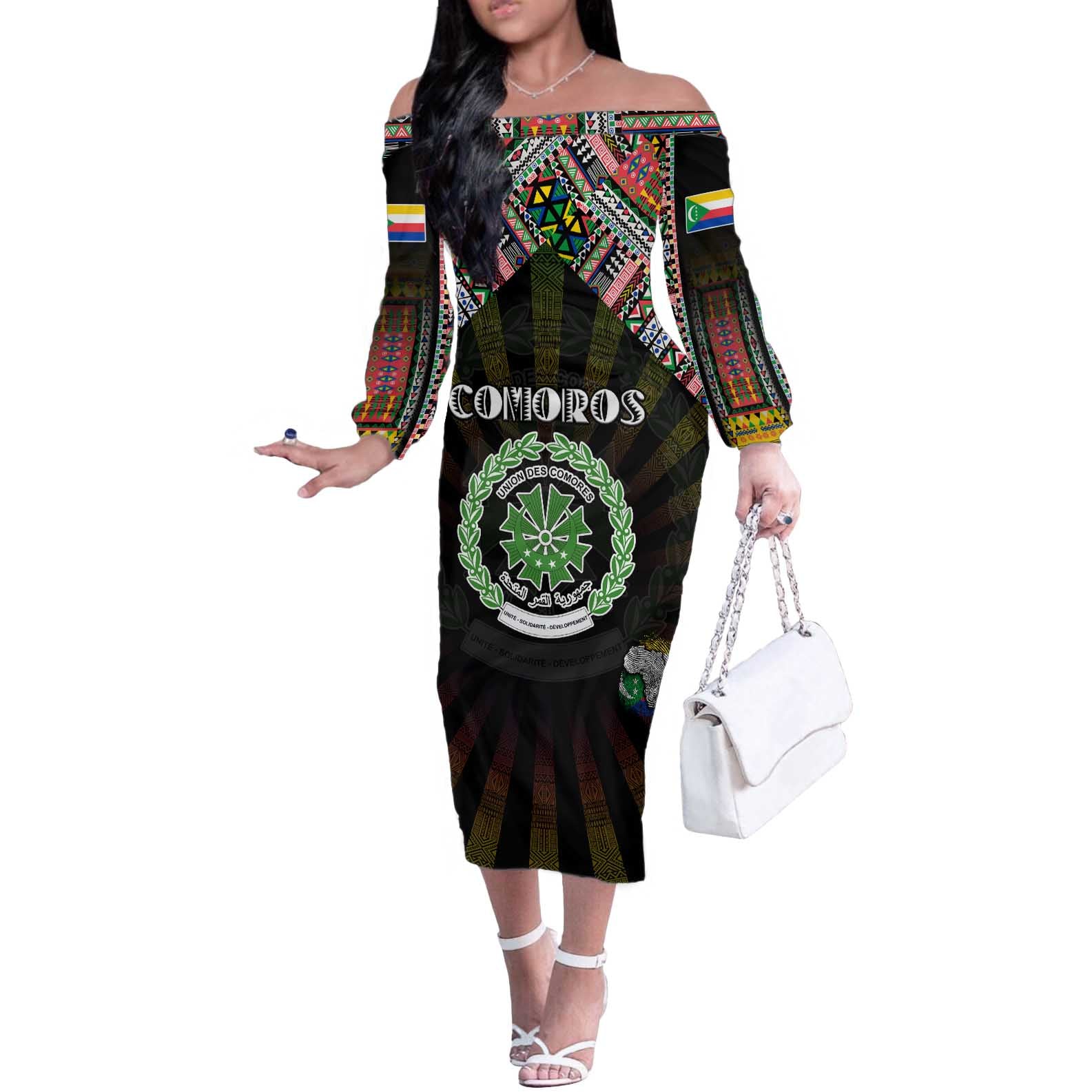 Personalized Comoros Roots Off The Shoulder Long Sleeve Dress African Map in Fingerprint and Tribal Colors