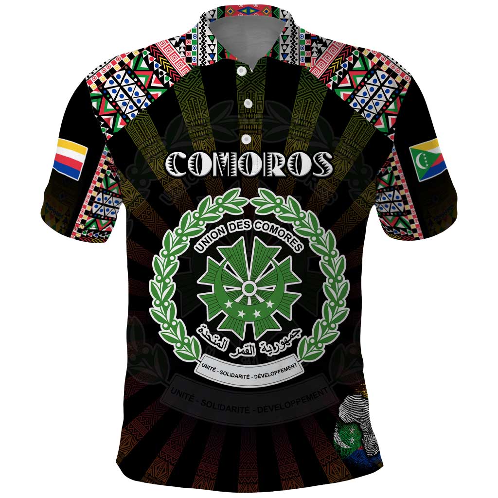 Personalized Comoros Roots Polo Shirt African Map in Fingerprint and Tribal Colors