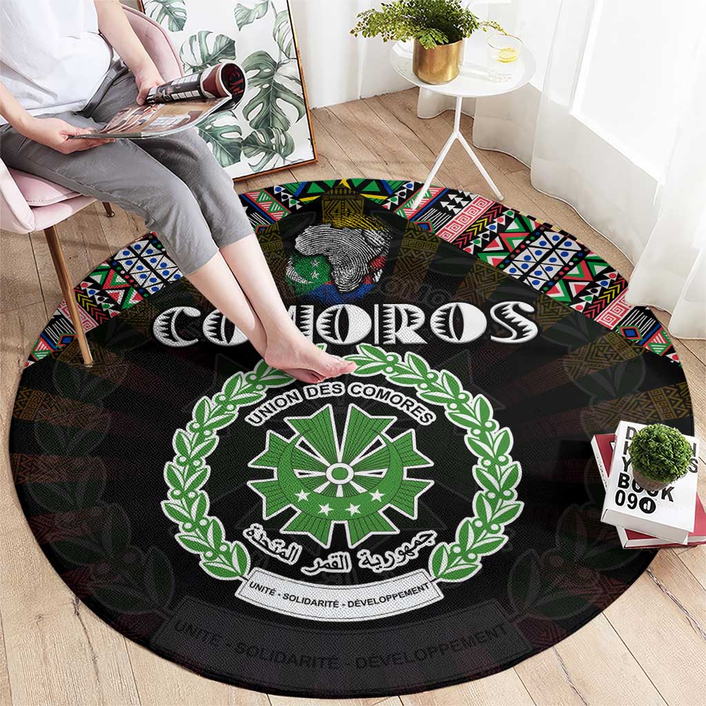 Comoros Roots Round Carpet African Map in Fingerprint and Tribal Colors