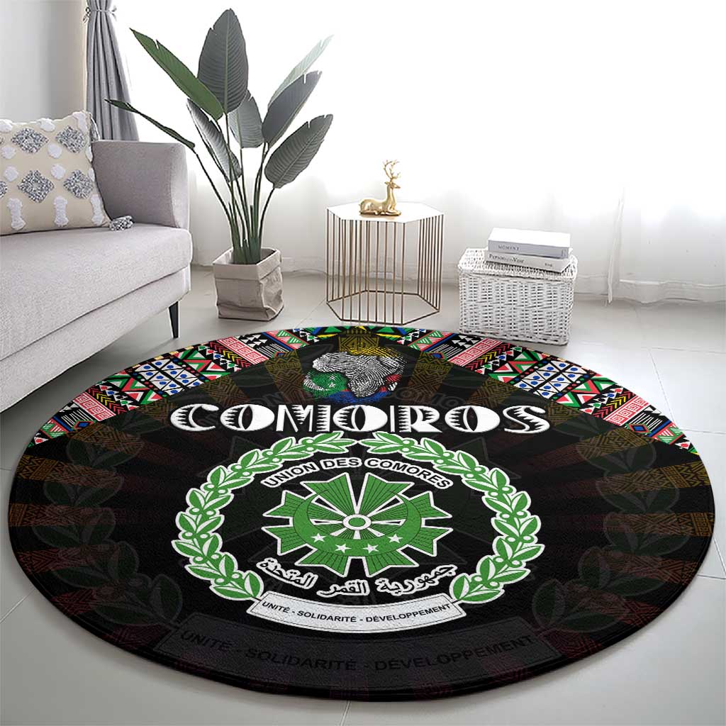 Comoros Roots Round Carpet African Map in Fingerprint and Tribal Colors