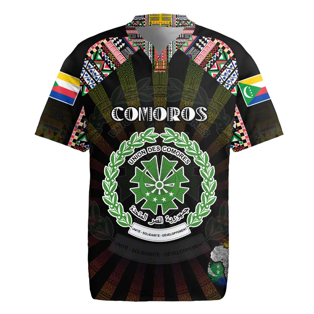 Personalized Comoros Roots Rugby Jersey African Map in Fingerprint and Tribal Colors