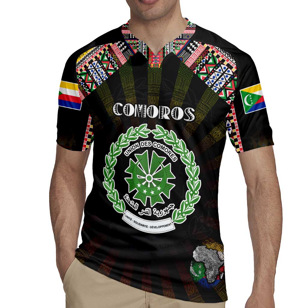 Personalized Comoros Roots Rugby Jersey African Map in Fingerprint and Tribal Colors