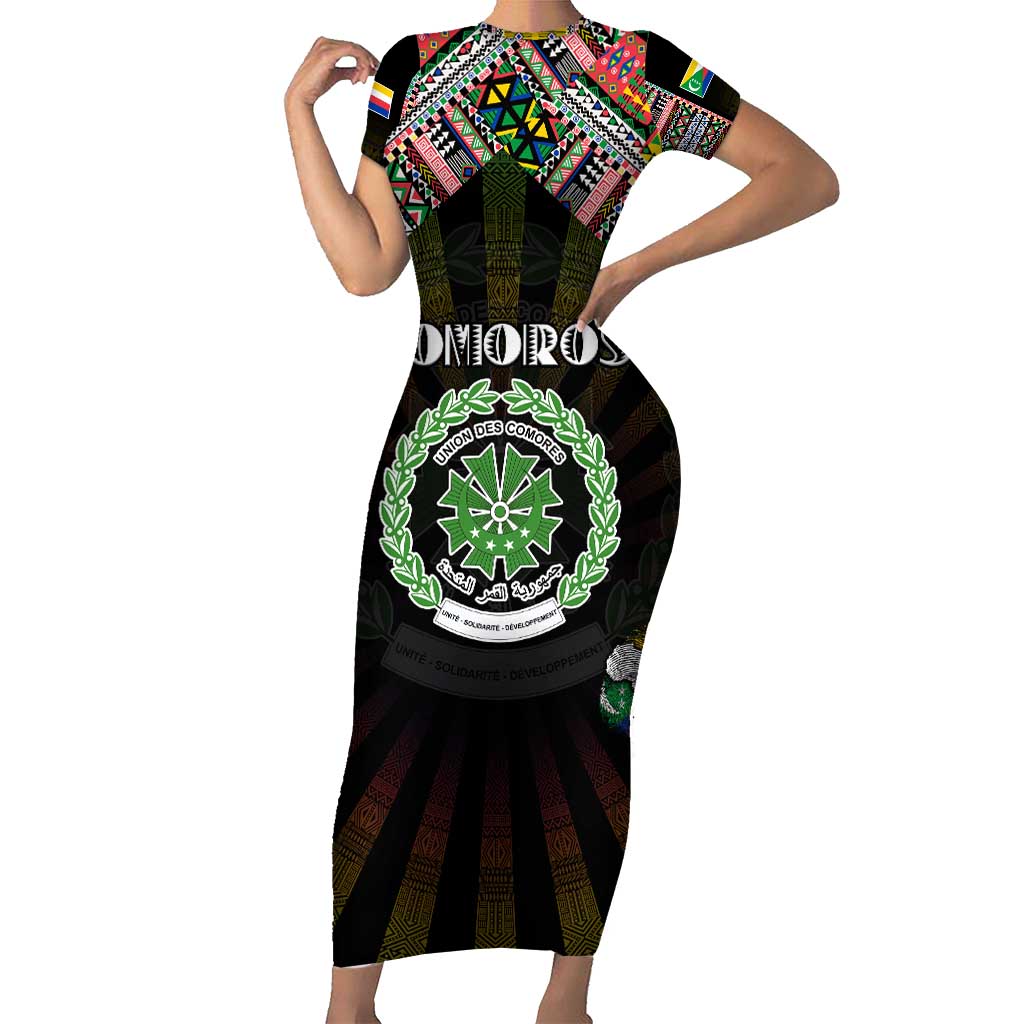 Personalized Comoros Roots Short Sleeve Bodycon Dress African Map in Fingerprint and Tribal Colors