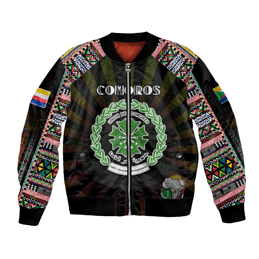 Personalized Comoros Roots Sleeve Zip Bomber Jacket African Map in Fingerprint and Tribal Colors