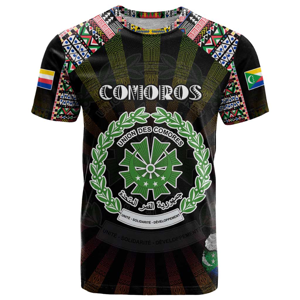 Personalized Comoros Roots T Shirt African Map in Fingerprint and Tribal Colors