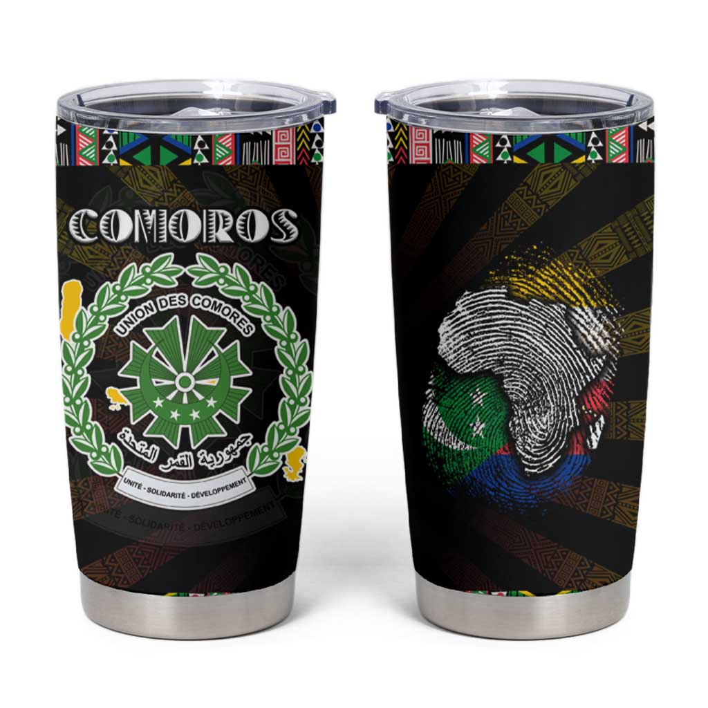 Comoros Roots Tumbler Cup African Map in Fingerprint and Tribal Colors