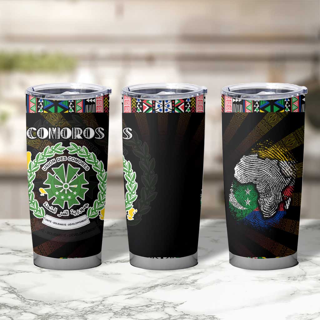 Comoros Roots Tumbler Cup African Map in Fingerprint and Tribal Colors