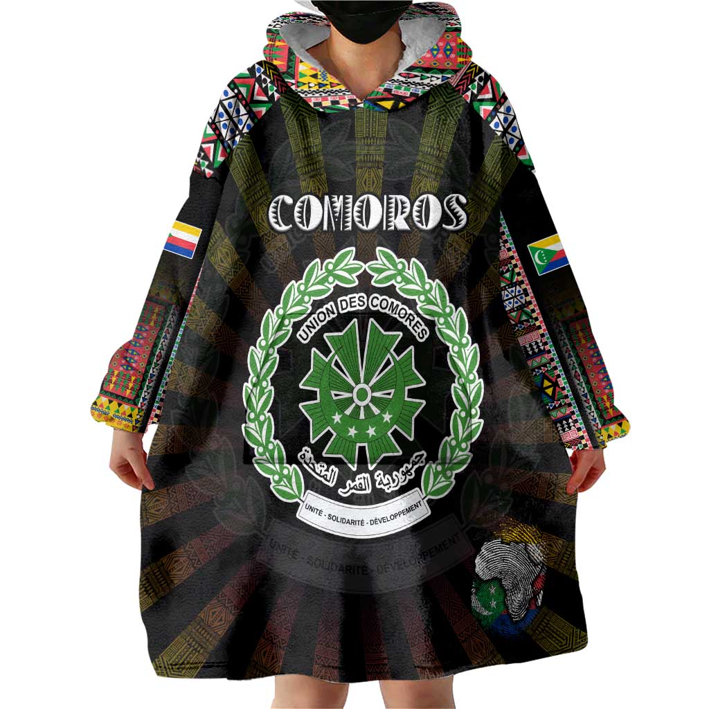 Personalized Comoros Roots Wearable Blanket Hoodie African Map in Fingerprint and Tribal Colors