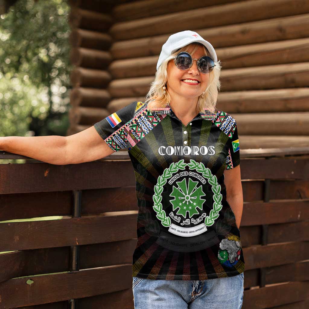 Personalized Comoros Roots Women Polo Shirt African Map in Fingerprint and Tribal Colors