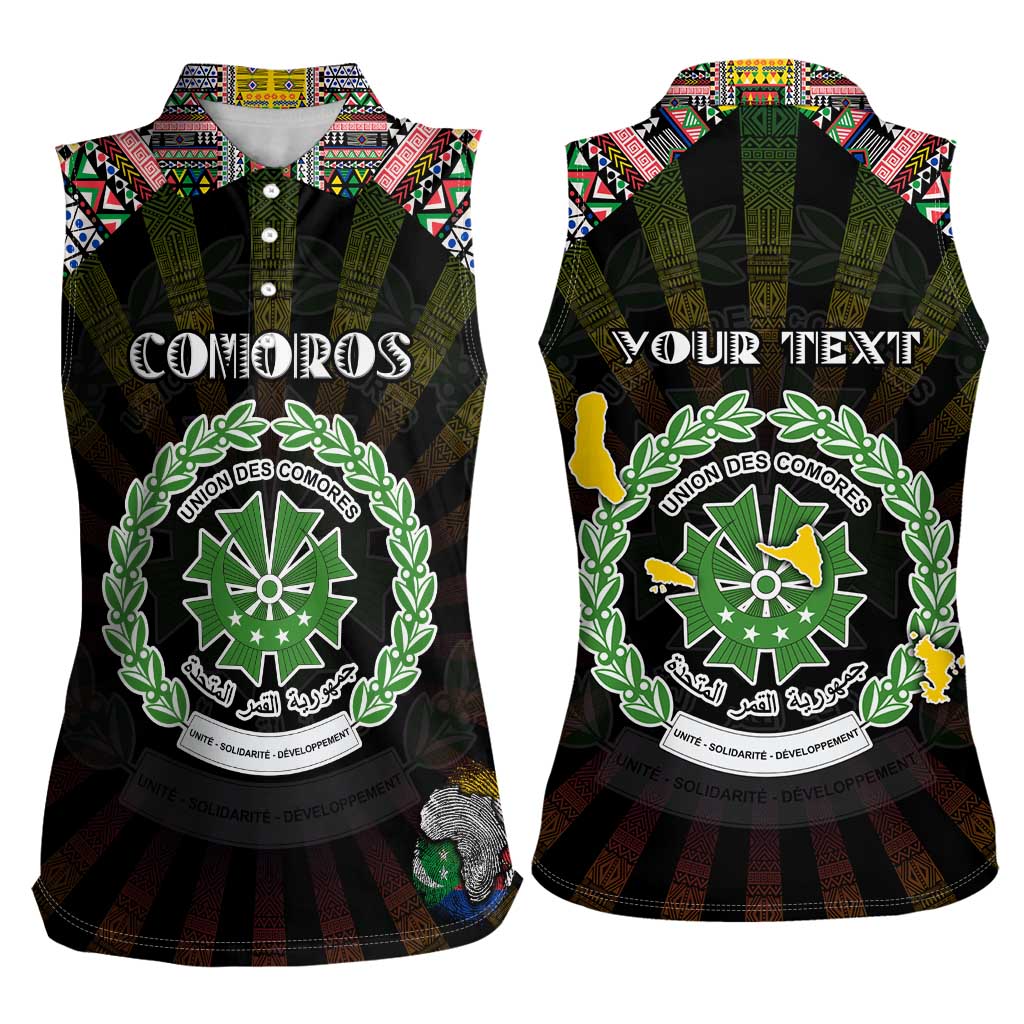 Personalized Comoros Roots Women Sleeveless Polo Shirt African Map in Fingerprint and Tribal Colors