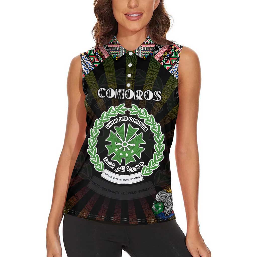 Personalized Comoros Roots Women Sleeveless Polo Shirt African Map in Fingerprint and Tribal Colors