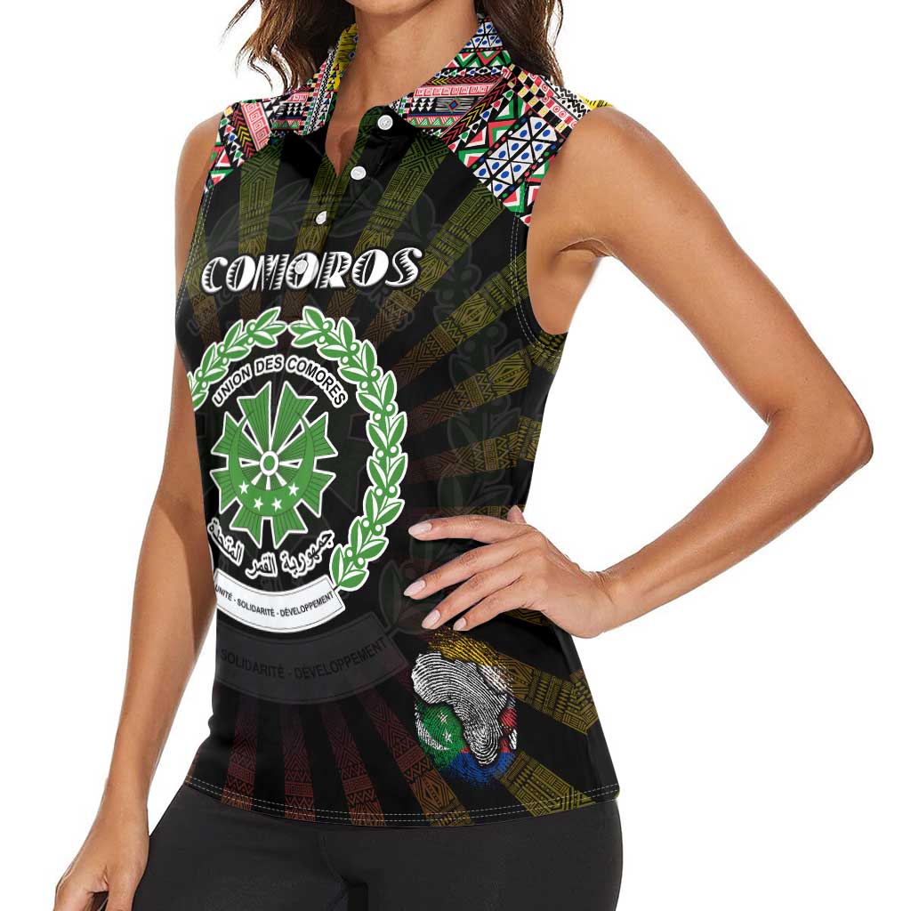 Personalized Comoros Roots Women Sleeveless Polo Shirt African Map in Fingerprint and Tribal Colors