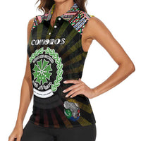 Personalized Comoros Roots Women Sleeveless Polo Shirt African Map in Fingerprint and Tribal Colors