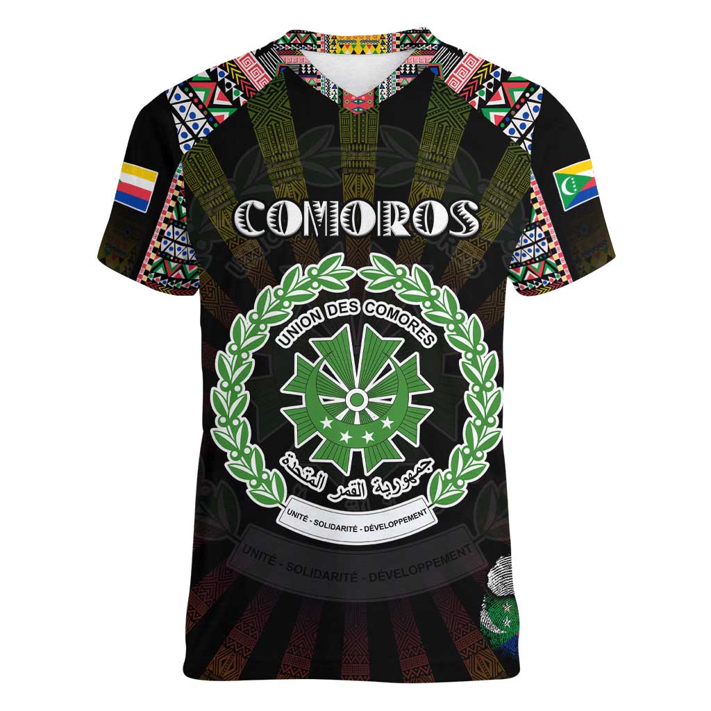 Personalized Comoros Roots Women V-Neck T-Shirt African Map in Fingerprint and Tribal Colors