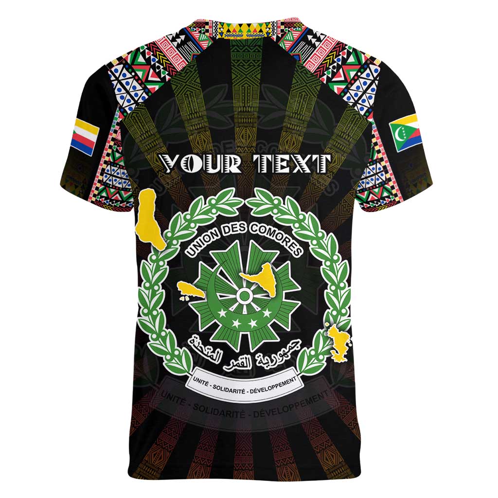 Personalized Comoros Roots Women V-Neck T-Shirt African Map in Fingerprint and Tribal Colors