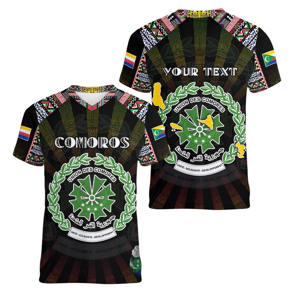Personalized Comoros Roots Women V-Neck T-Shirt African Map in Fingerprint and Tribal Colors