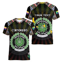 Personalized Comoros Roots Women V-Neck T-Shirt African Map in Fingerprint and Tribal Colors