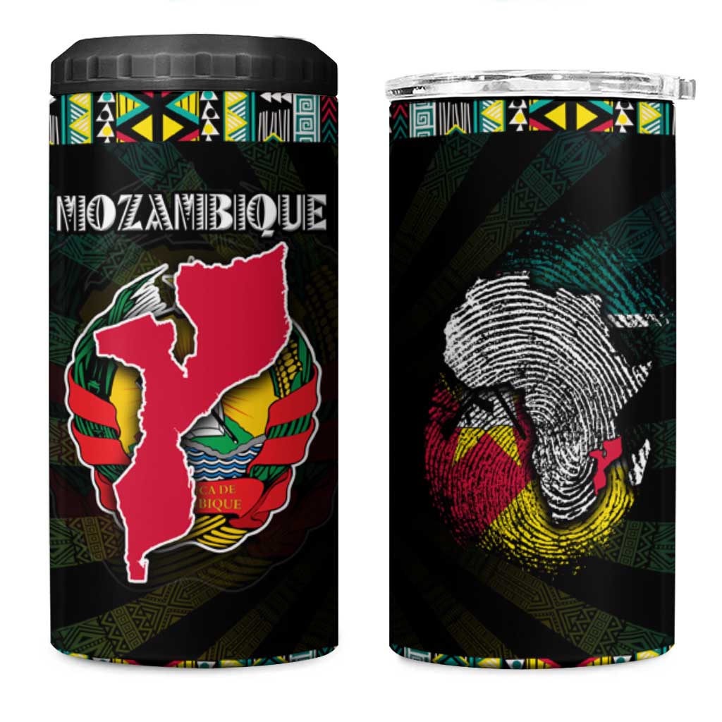 Mozambique Roots 4 in 1 Can Cooler Tumbler African Map in Fingerprint and Tribal Colors