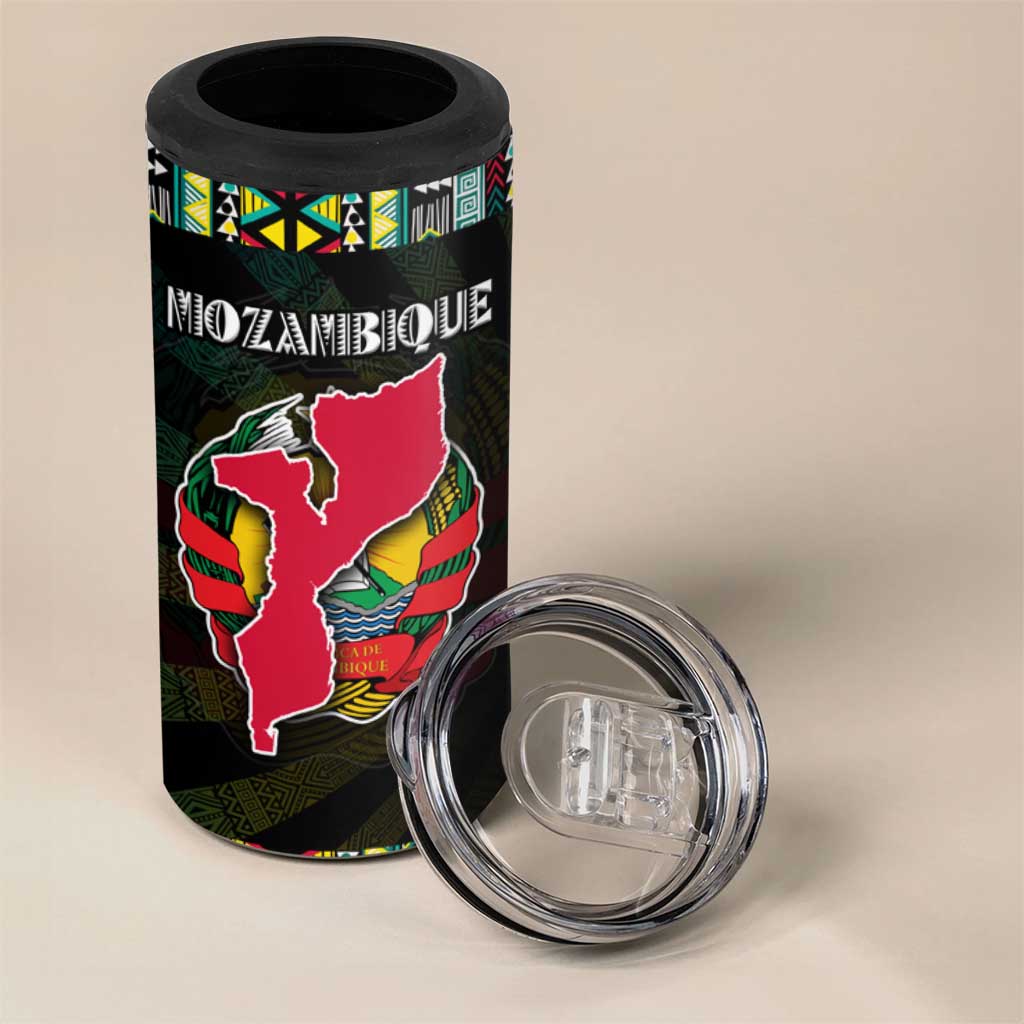 Mozambique Roots 4 in 1 Can Cooler Tumbler African Map in Fingerprint and Tribal Colors