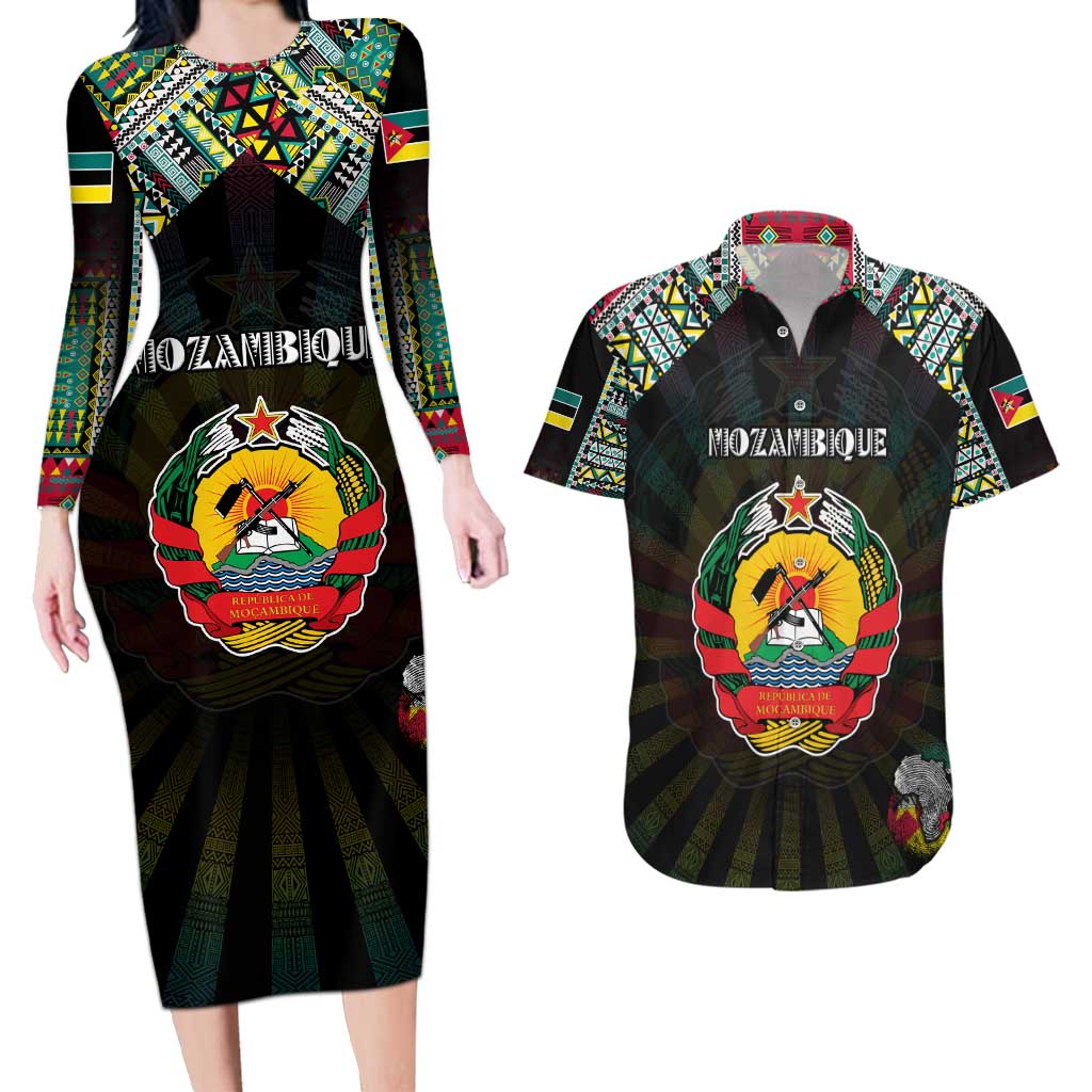 Personalized Mozambique Roots Couples Matching Long Sleeve Bodycon Dress and Hawaiian Shirt African Map in Fingerprint and Tribal Colors