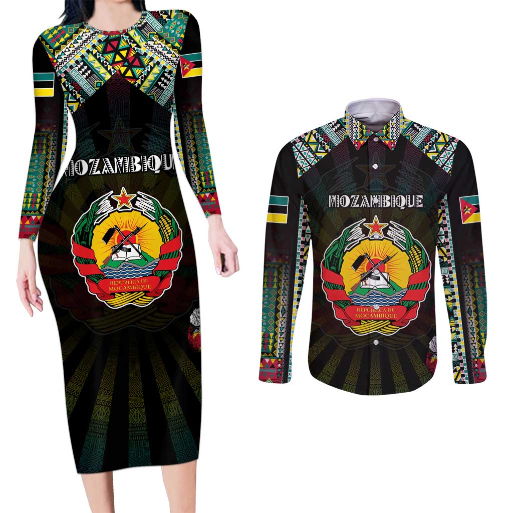 Personalized Mozambique Roots Couples Matching Long Sleeve Bodycon Dress and Long Sleeve Button Shirt African Map in Fingerprint and Tribal Colors