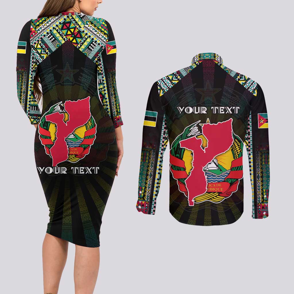 Personalized Mozambique Roots Couples Matching Long Sleeve Bodycon Dress and Long Sleeve Button Shirt African Map in Fingerprint and Tribal Colors