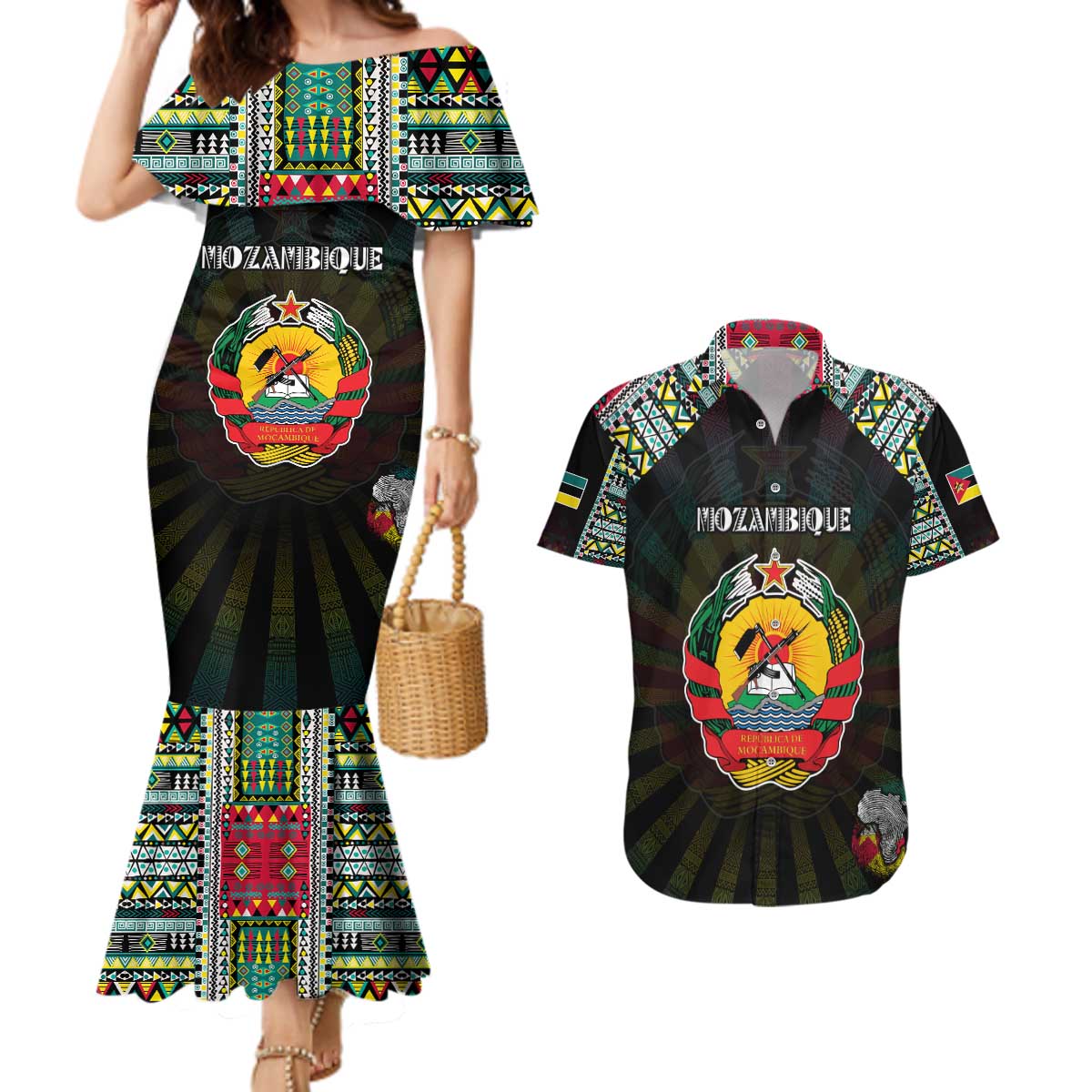 Personalized Mozambique Roots Couples Matching Mermaid Dress and Hawaiian Shirt African Map in Fingerprint and Tribal Colors
