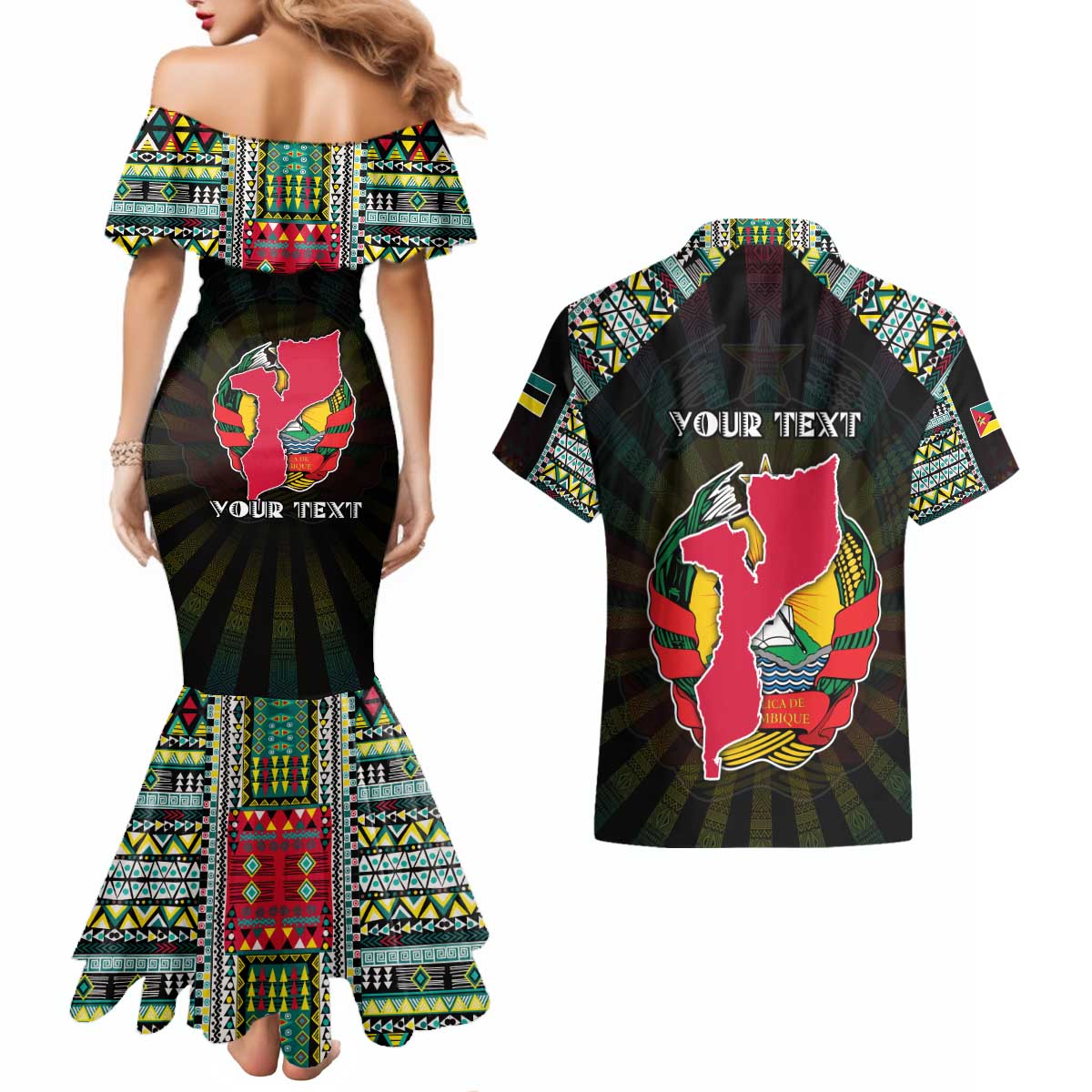 Personalized Mozambique Roots Couples Matching Mermaid Dress and Hawaiian Shirt African Map in Fingerprint and Tribal Colors