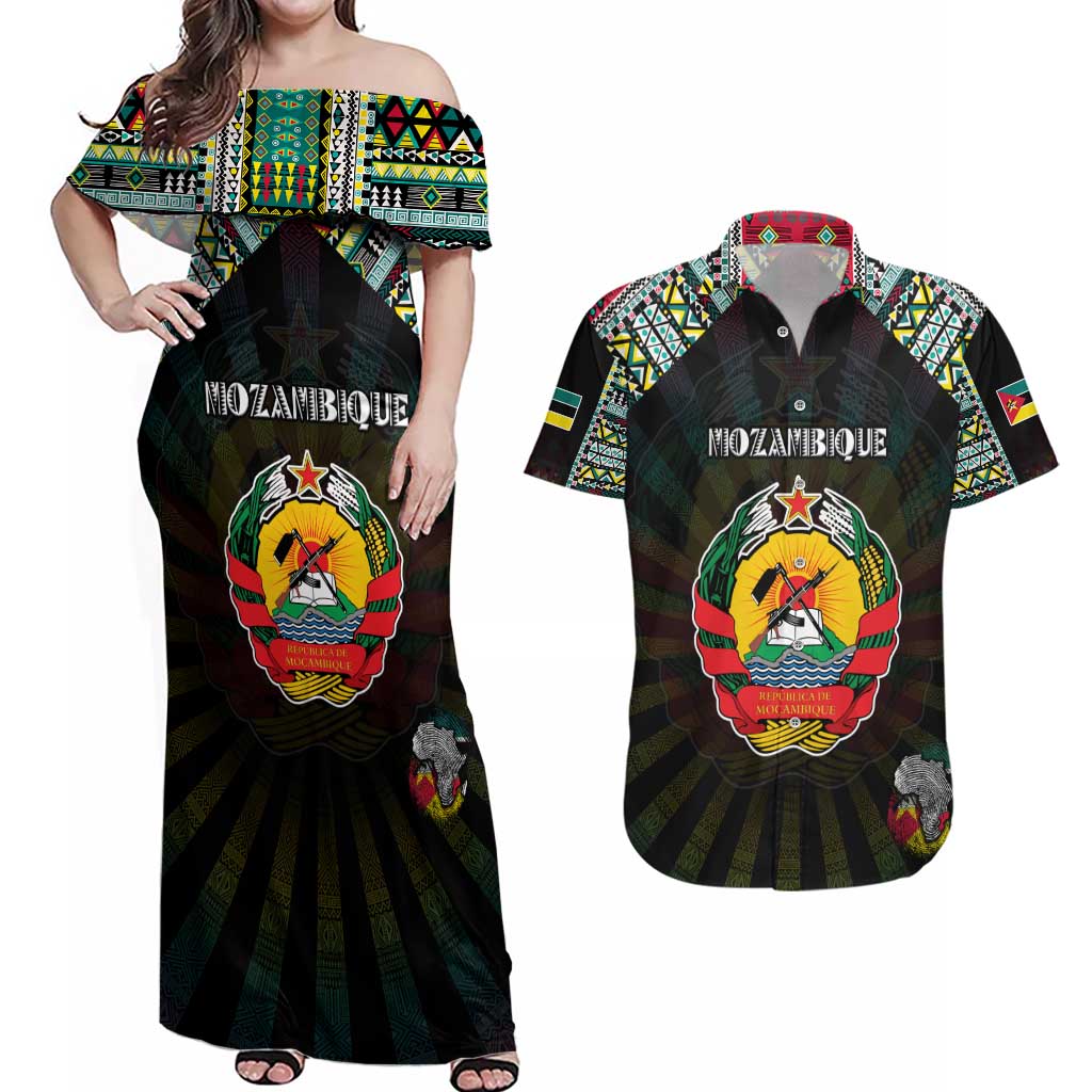 Personalized Mozambique Roots Couples Matching Off Shoulder Maxi Dress and Hawaiian Shirt African Map in Fingerprint and Tribal Colors