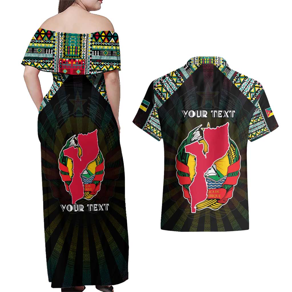 Personalized Mozambique Roots Couples Matching Off Shoulder Maxi Dress and Hawaiian Shirt African Map in Fingerprint and Tribal Colors