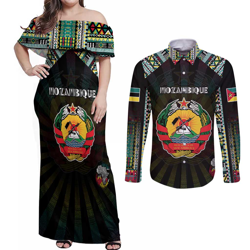 Personalized Mozambique Roots Couples Matching Off Shoulder Maxi Dress and Long Sleeve Button Shirt African Map in Fingerprint and Tribal Colors